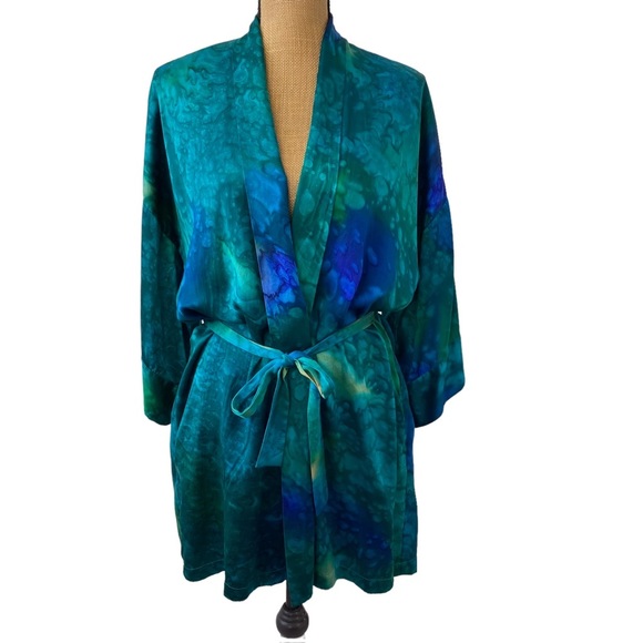 Lasoie Womens 100% Silk Short Robe Green, Blue Watercolor Tones One Size. - Picture 1 of 13